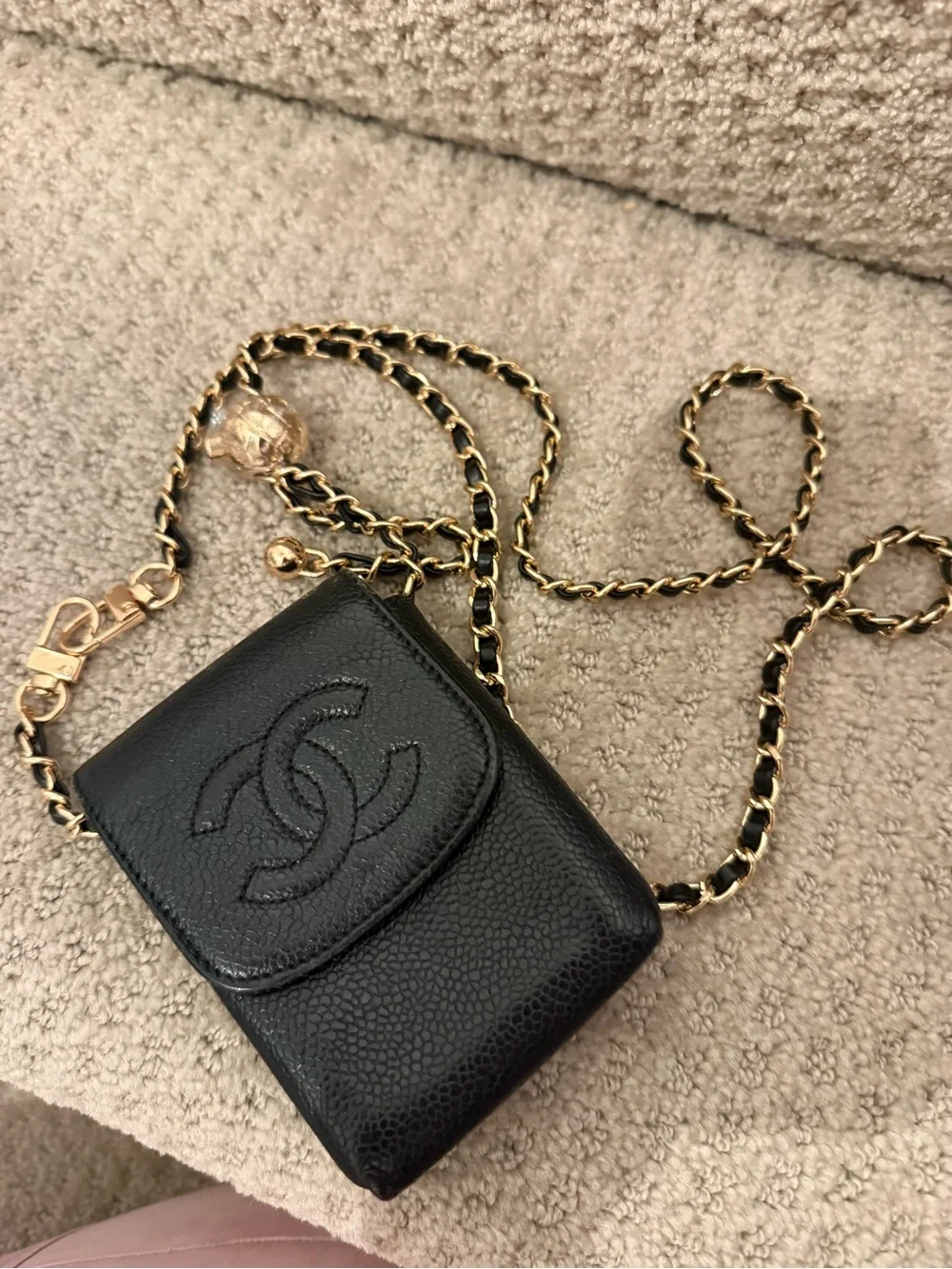 CHANEL Black Leather Chain Crossbody Case with Gold-Tone Chain